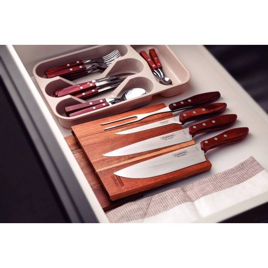JOGO PARA CHURRASCO COM LAMINAS EM AÇO INOX E CABOS EM MADEIRA POLYWOOD VERMELHO 5 PEÇAS TRAMONTINA