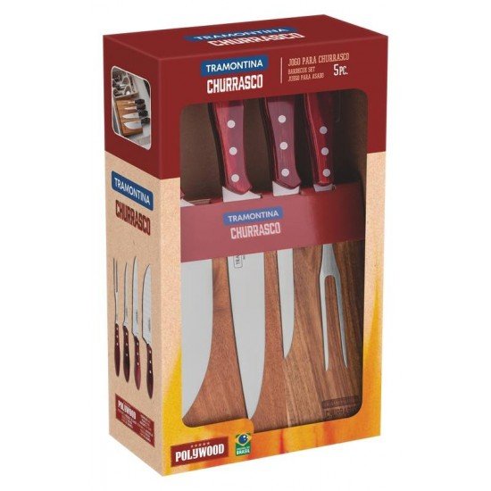 JOGO PARA CHURRASCO COM LAMINAS EM AÇO INOX E CABOS EM MADEIRA POLYWOOD VERMELHO 5 PEÇAS TRAMONTINA