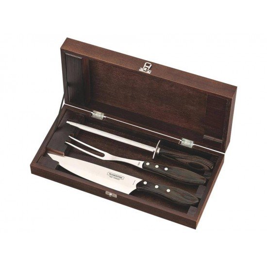 KIT CHURRASCO 4 PCS POLYWOOD CASTANHO SORTIDOS COM LAMINAS DE ACO INOX E CABOS DE MADEIRA TRAMONTINA