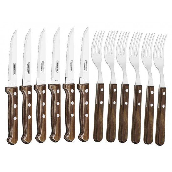 JOGO CHURRASCO 12 PCS POLYWOOD CASTANHO SORTIDOS COM LAMINAS ACO INOX E CABOS DE MADEIRA TRAMONTINA