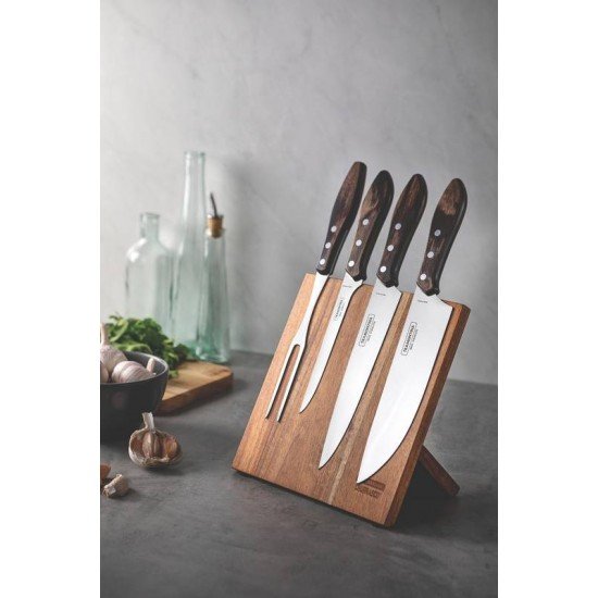 JOGO PARA CHURRASCO COM LAMINAS EM AÇO INOX E CABOS EM MADEIRA POLYWOOD CASTANHO 5 PEÇAS TRAMONTINA