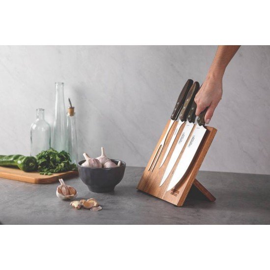 JOGO PARA CHURRASCO COM LAMINAS EM AÇO INOX E CABOS EM MADEIRA POLYWOOD CASTANHO 5 PEÇAS TRAMONTINA