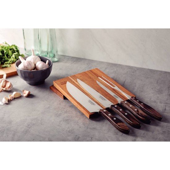 JOGO PARA CHURRASCO COM LAMINAS EM AÇO INOX E CABOS EM MADEIRA POLYWOOD CASTANHO 5 PEÇAS TRAMONTINA