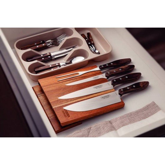 JOGO PARA CHURRASCO COM LAMINAS EM AÇO INOX E CABOS EM MADEIRA POLYWOOD CASTANHO 5 PEÇAS TRAMONTINA