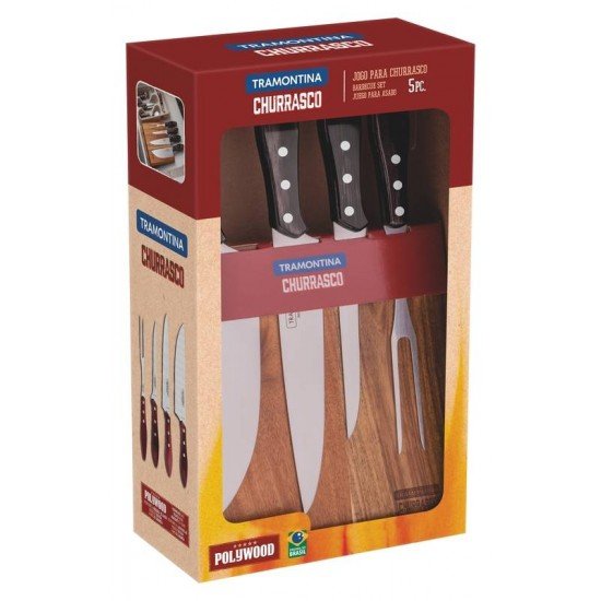 JOGO PARA CHURRASCO COM LAMINAS EM AÇO INOX E CABOS EM MADEIRA POLYWOOD CASTANHO 5 PEÇAS TRAMONTINA