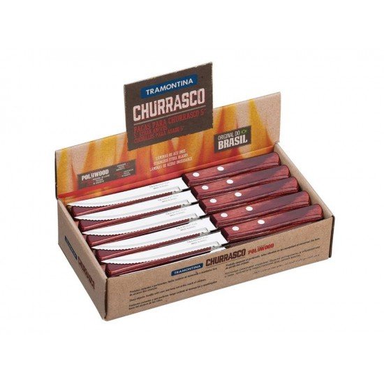 DISPLAY 60 PEÇAS FACA PARA CHURRASCO 5 POLYWOOD VERMELHO LAMINA ACO INOX CABO DE MADEIRA TRAMONTINA
