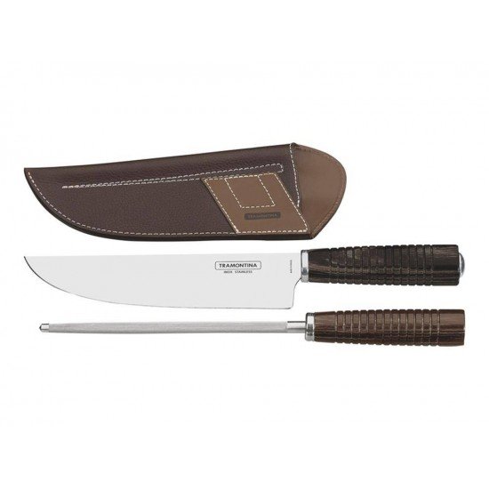 JOGO 3 PEÇAS POLYWOOD CASTANHO SORTIDOS COM LAMINAS ACO INOX E CABOS DE MADEIRA TRAMONTINA