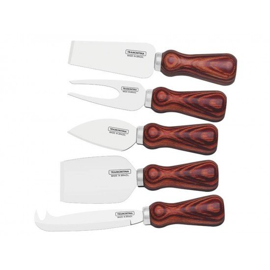 JOGO P QUEIJO 5 PEÇAS POLYWOOD VERMELHO SORTIDOS LAMINAS DE ACO INOX E CABOS DE MADEIRA TRAMONTINA
