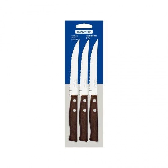 CONJUNTO DE FACAS PARA CHURRASCO E FRUTAS TRAMONTINA TRADICIONAL COM LÂMINAS EM AÇO INOX E CABOS DE MADEIRA NATURAL 03 PEÇASIRA NATURAL 3 PEÇAS