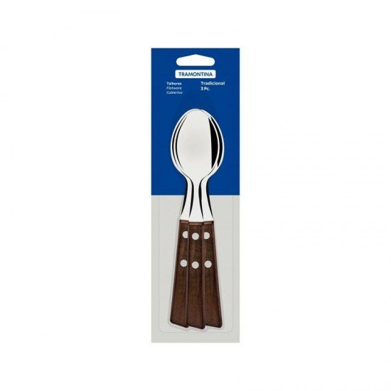 CONJUNTO DE COLHERES DE MESA TRAMONTINA TRADICIONAL COM LÂMINAS EM AÇO INOX E CABOS DE MADEIRA NATURAL 03 PEÇAS