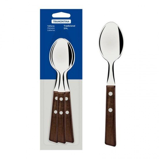 CONJUNTO DE COLHERES DE MESA TRAMONTINA TRADICIONAL COM LÂMINAS EM AÇO INOX E CABOS DE MADEIRA NATURAL 03 PEÇAS