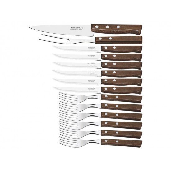 KIT P CHURRASCO 14 PEÇAS TRADICIONAL SORTIDOS COM LAMINAS DE ACO INOX E CABOS DE MADEIRA TRAMONTINA