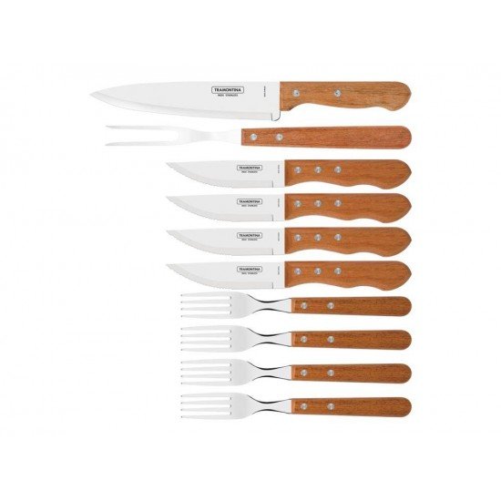 KIT PARA CHURRASCO 10 PEÇAS DYNAMIC SORTIDOS COM LAMINAS DE ACO INOX E CABOS DE MADEIRA TRAMONTINA