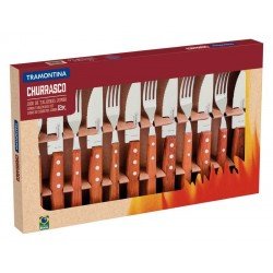 JOGO DE TALHERES PARA CHURRASCO EM AÇO INOX E CABO DE MADEIRA NATURAL 12 PEÇAS TRAMONTINA