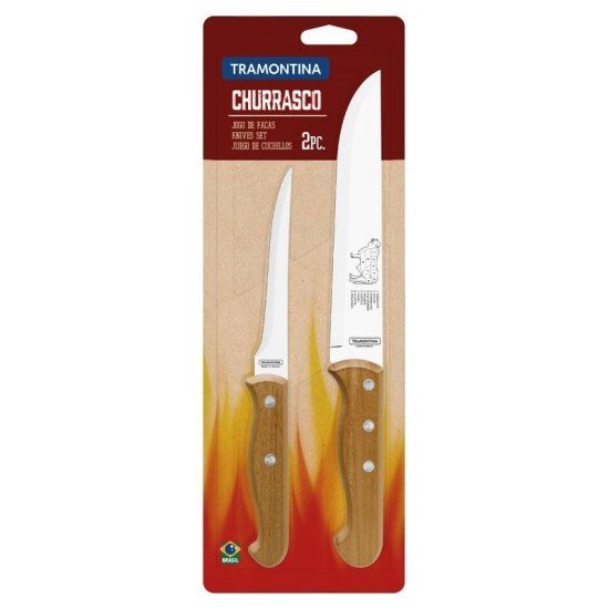 JOGO DE FACAS PARA CHURRASCO COM LAMINAS EM AÇO INOX E CABOS EM MADEIRA NATURAL 2 PEÇAS TRAMONTINA
