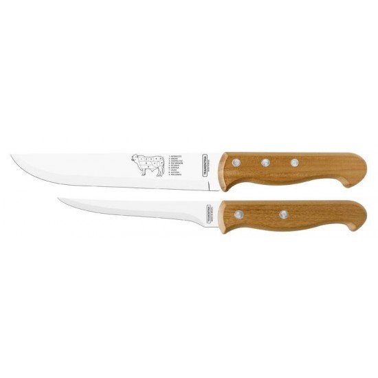 JOGO DE FACAS PARA CHURRASCO COM LAMINAS EM AÇO INOX E CABOS EM MADEIRA NATURAL 2 PEÇAS TRAMONTINA