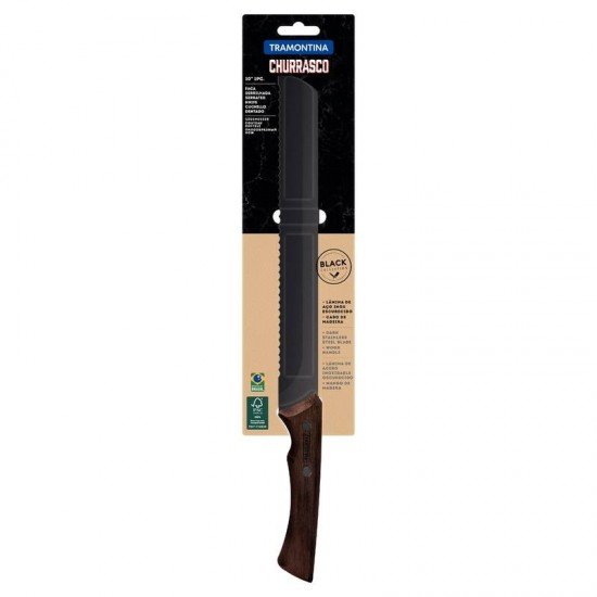 FACA SERRILHADA TRAMONTINA CHURRASCO COM LÂMINA EM AÇO INOX ESCURECIDO E CABO DE MADEIRA 10