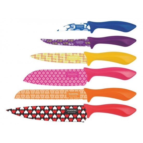 JOGO FACAS 6 PCS COLORCUT MISTO SORTIDOS COM LAMINAS DE ACO INOX E CABOS DE POLIPROPILENO TRAMONTINA