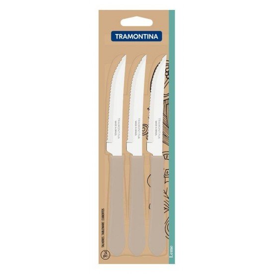CONJUNTO DE FACAS PARA CHURRASCO TRAMONTINA LEME COM LÂMINAS EM AÇO INOX E CABOS DE POLIPROPILENO CINZA 3 PEÇAS