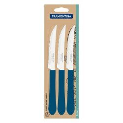 CONJUNTO DE FACAS PARA CHURRASCO TRAMONTINA LEME COM LÂMINAS EM AÇO INOX E CABOS DE POLIPROPILENO AZUL OCEANO 3 PEÇAS