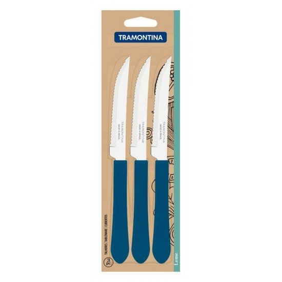 CONJUNTO DE FACAS PARA CHURRASCO TRAMONTINA LEME COM LÂMINAS EM AÇO INOX E CABOS DE POLIPROPILENO AZUL OCEANO 3 PEÇAS