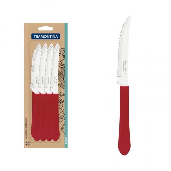 CONJUNTO DE FACAS PARA CHURRASCO TRAMONTINA LEME COM LÂMINAS EM AÇO INOX E CABOS DE POLIPROPILENO VERMELHO 12 PEÇAS
