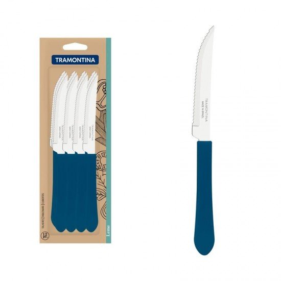 CONJUNTO DE FACAS PARA CHURRASCO TRAMONTINA LEME COM LÂMINAS EM AÇO INOX E CABOS DE POLIPROPILENO AZUL OCEANO 12 PEÇAS