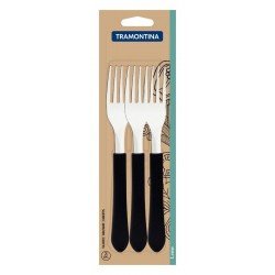 CONJUNTO DE GARFOS DE MESA TRAMONTINA LEME COM LÂMINAS EM AÇO INOX E CABOS DE POLIPROPILENO PRETO 3 PEÇAS