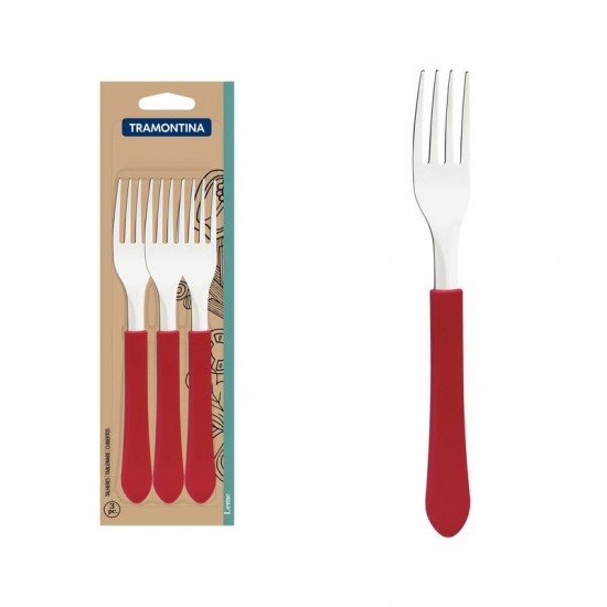 CONJUNTO DE GARFOS DE MESA TRAMONTINA LEME COM LÂMINAS EM AÇO INOX E CABOS DE POLIPROPILENO VERMELHO 3 PEÇAS