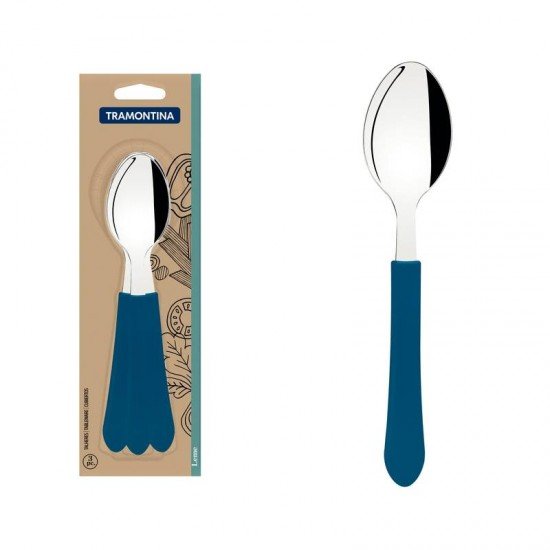 CONJUNTO DE COLHERES DE MESA TRAMONTINA LEME COM LÂMINAS EM AÇO INOX E CABOS DE POLIPROPILENO AZUL OCEANO 3 PEÇAS