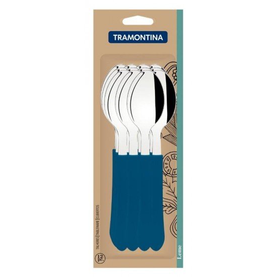CONJUNTO DE COLHERES DE MESA TRAMONTINA LEME COM LÂMINAS EM AÇO INOX E CABOS DE POLIPROPILENO AZUL OCEANO 12 PEÇAS