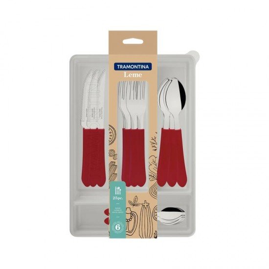 FAQUEIRO TRAMONTINA LEME COM LÂMINAS EM AÇO INOX E CABOS DE POLIPROPILENO VERMELHO COM GAVETEIRO 25 PEÇAS