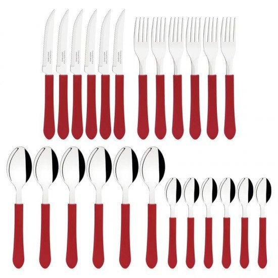 FAQUEIRO TRAMONTINA LEME COM LÂMINAS EM AÇO INOX E CABOS DE POLIPROPILENO VERMELHO COM GAVETEIRO 25 PEÇAS