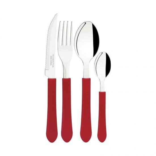 FAQUEIRO TRAMONTINA LEME COM LÂMINAS EM AÇO INOX E CABOS DE POLIPROPILENO VERMELHO COM GAVETEIRO 25 PEÇAS