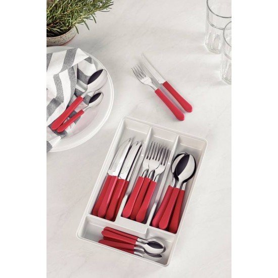 FAQUEIRO TRAMONTINA LEME COM LÂMINAS EM AÇO INOX E CABOS DE POLIPROPILENO VERMELHO COM GAVETEIRO 25 PEÇAS