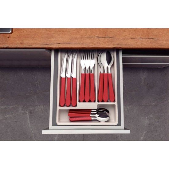 FAQUEIRO TRAMONTINA LEME COM LÂMINAS EM AÇO INOX E CABOS DE POLIPROPILENO VERMELHO COM GAVETEIRO 25 PEÇAS
