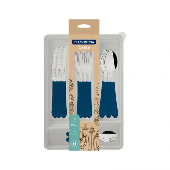 FAQUEIRO TRAMONTINA LEME COM LÂMINAS EM AÇO INOX E CABOS DE POLIPROPILENO AZUL OCEANO COM GAVETEIRO 25 PEÇAS