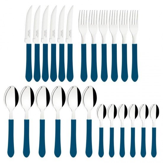 FAQUEIRO TRAMONTINA LEME COM LÂMINAS EM AÇO INOX E CABOS DE POLIPROPILENO AZUL OCEANO COM GAVETEIRO 25 PEÇAS