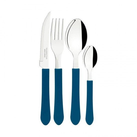 FAQUEIRO TRAMONTINA LEME COM LÂMINAS EM AÇO INOX E CABOS DE POLIPROPILENO AZUL OCEANO COM GAVETEIRO 25 PEÇAS