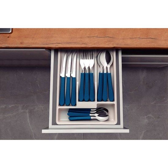 FAQUEIRO TRAMONTINA LEME COM LÂMINAS EM AÇO INOX E CABOS DE POLIPROPILENO AZUL OCEANO COM GAVETEIRO 25 PEÇAS