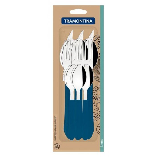 FAQUEIRO TRAMONTINA LEME COM LÂMINAS EM AÇO INOX E CABOS DE POLIPROPILENO AZUL 12 PEÇAS