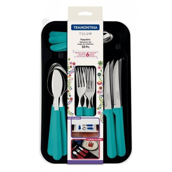 FAQUEIRO TRAMONTINA TULUM COM LÂMINAS EM AÇO INOX E CABOS DE POLIPROPILENO TURQUESA 25 PEÇAS