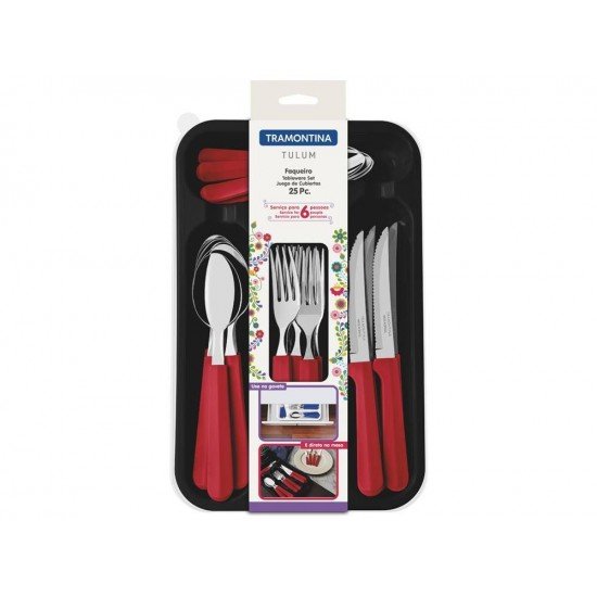 FAQUEIRO 25 PCS TULUM VERMELHO SORTIDOS COM LAMINAS DE ACO INOX E CABOS DE POLIPROPILENO TRAMONTINA