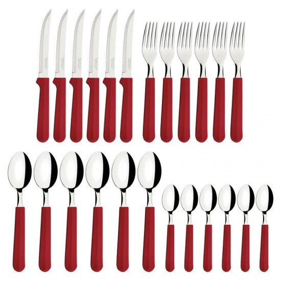 FAQUEIRO TRAMONTINA TULUM COM LÂMINAS EM AÇO INOX E CABOS DE POLIPROPILENO VERMELHO 24 PEÇAS