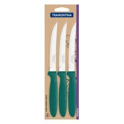 CONJUNTO DE FACAS PARA CHURRASCO TRAMONTINA IPANEMA COM LÂMINAS EM AÇO INOX E CABOS DE POLIPROPILENO VERDE ESMERALDA 3 PEÇAS