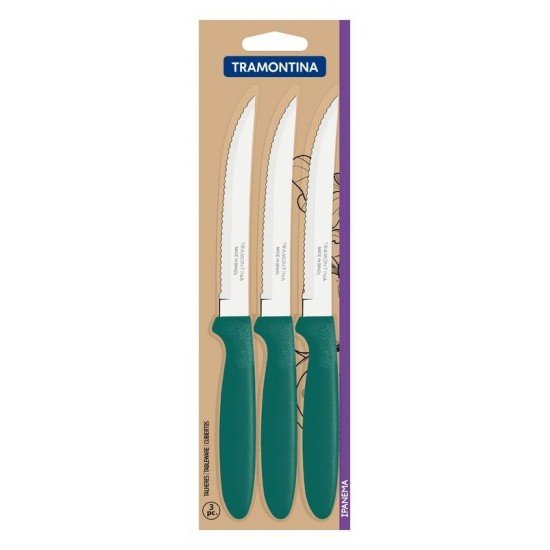 CONJUNTO DE FACAS PARA CHURRASCO TRAMONTINA IPANEMA COM LÂMINAS EM AÇO INOX E CABOS DE POLIPROPILENO VERDE ESMERALDA 3 PEÇAS