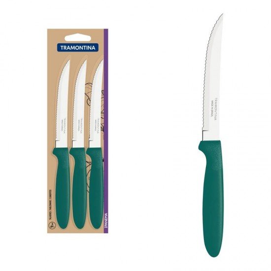 CONJUNTO DE FACAS PARA CHURRASCO TRAMONTINA IPANEMA COM LÂMINAS EM AÇO INOX E CABOS DE POLIPROPILENO VERDE ESMERALDA 3 PEÇAS