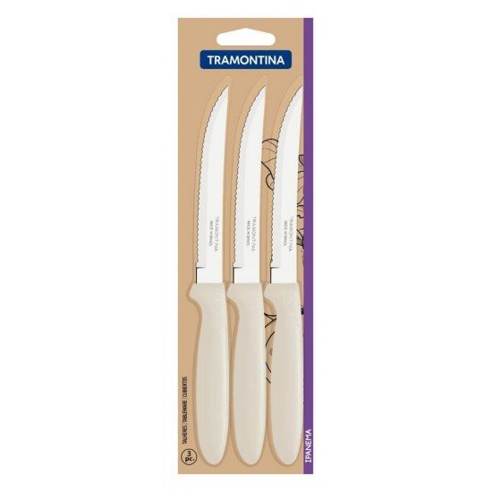 CONJUNTO DE FACAS PARA CHURRASCO TRAMONTINA IPANEMA COM LÂMINAS EM AÇO INOX E CABOS DE POLIPROPILENO CINZA 3 PEÇAS