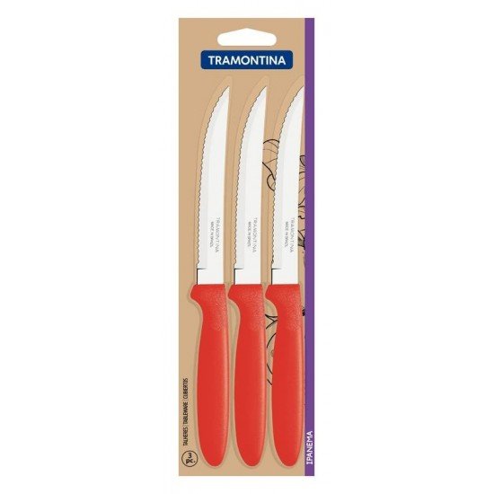 CONJUNTO DE FACAS PARA CHURRASCO TRAMONTINA IPANEMA COM LÂMINAS EM AÇO INOX E CABOS DE POLIPROPILENO VERMELHO 3 PEÇAS