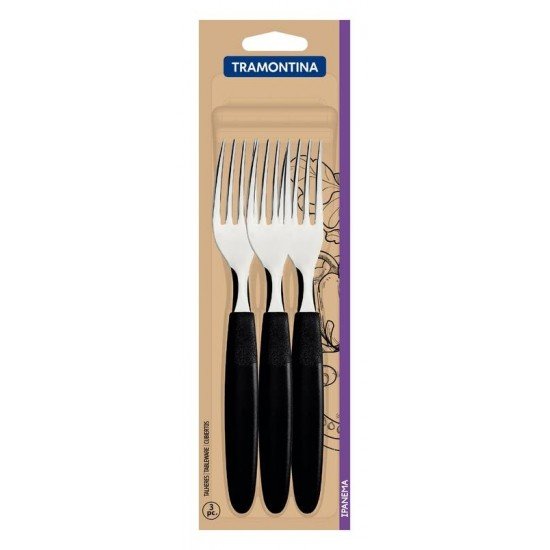 CONJUNTO DE GARFOS DE MESA TRAMONTINA IPANEMA COM LÂMINAS EM AÇO INOX E CABOS DE POLIPROPILENO PRETO 3 PEÇAS